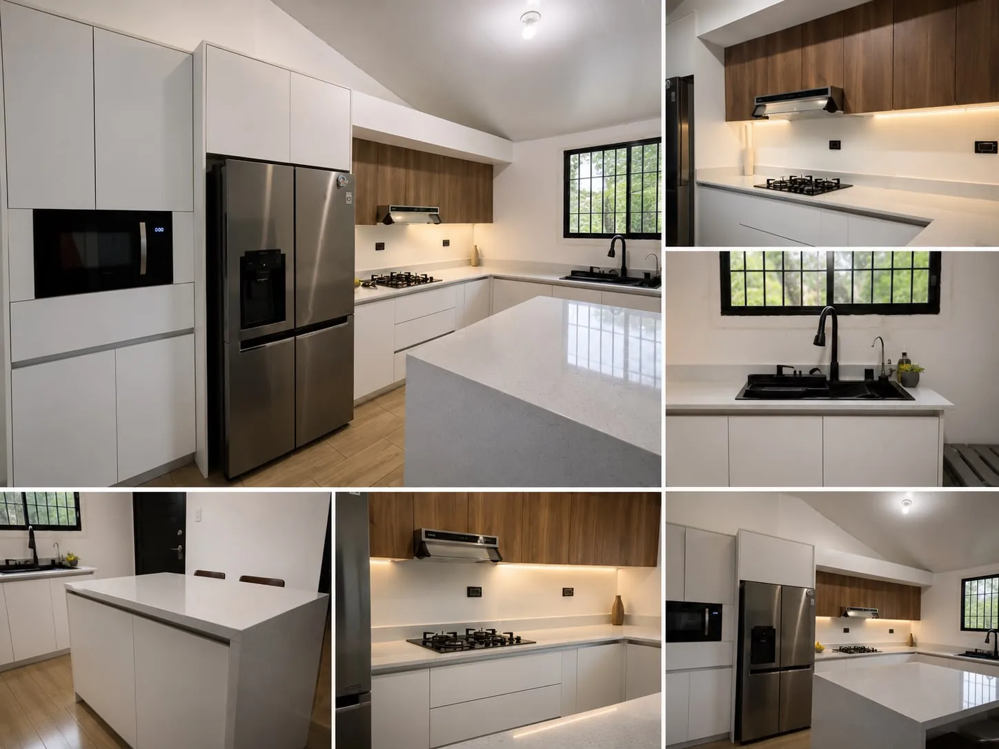 Vista general de cocina terminada con mobiliario blanco, madera natural, isla de cuarzo y electrodomésticos integrados.